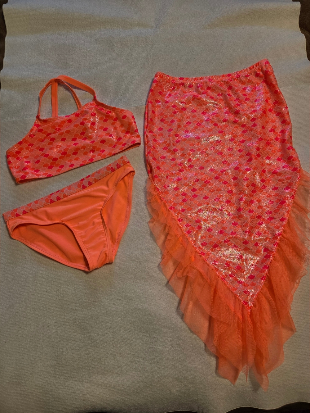 Girls' Neon Coral Mermaid Swimsuit Set with Skirt. Sz 10-12